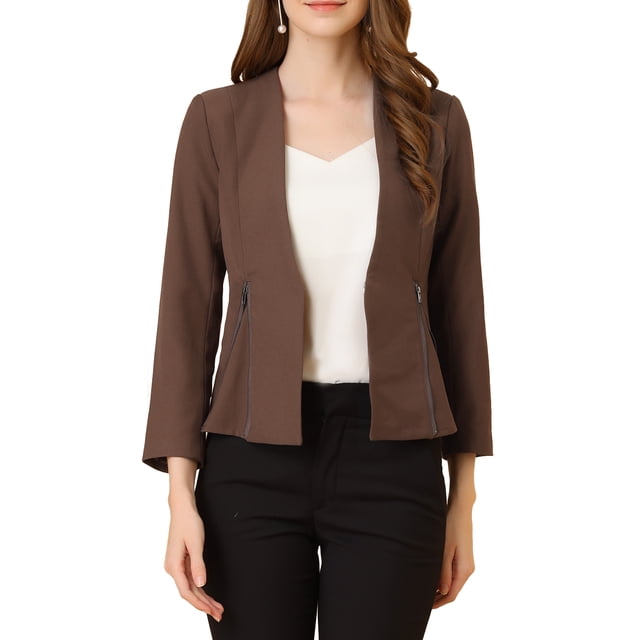 INSPIRE CHIC Blazer Court Sans Col à Fermeture Éclair pour Femme, Style Workwear, m Café