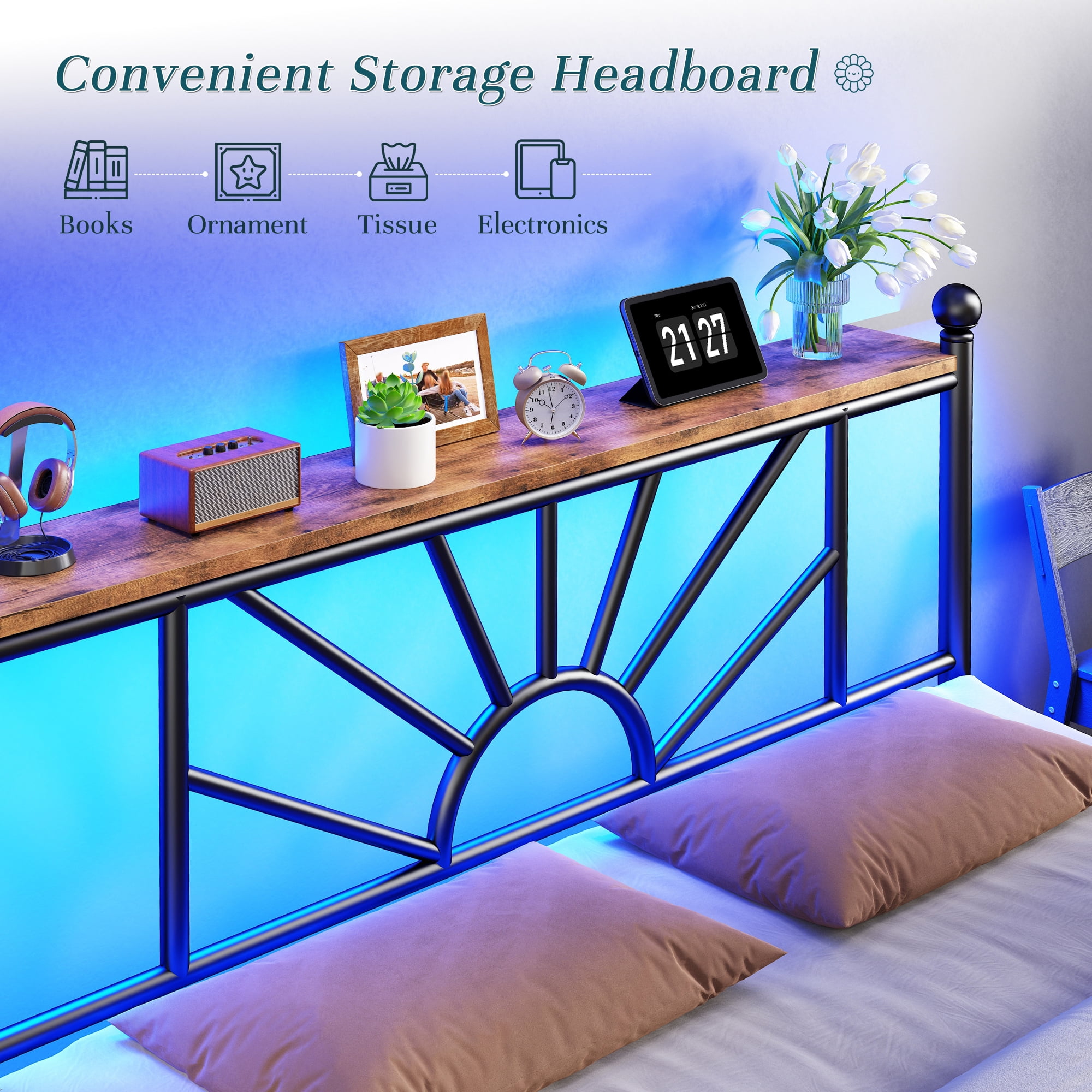 EnHomee Full Size Metal Bed Frame with Vintage Headboard & Footboard Metal Platform Bed Frame Full with LED Lights & Storage, Noise Free, Black