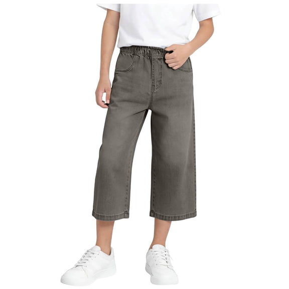 Kids Unisex Elastic Waist Cropped Denim Pants Boys Girls Casual Loose Fit Capri Jeans for School 5-15Y