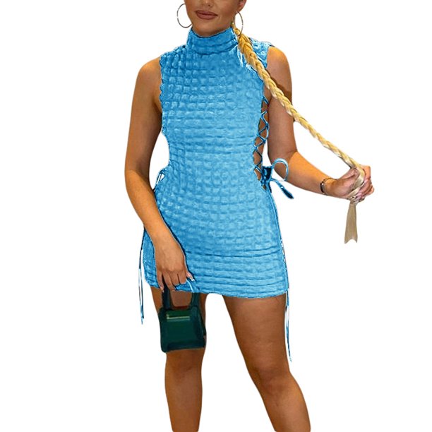 VISgogo - Vestido ajustado de verano para mujer, color sólido, sin mangas, cuello alto, vestido de vendaje hueco VISgogo moda