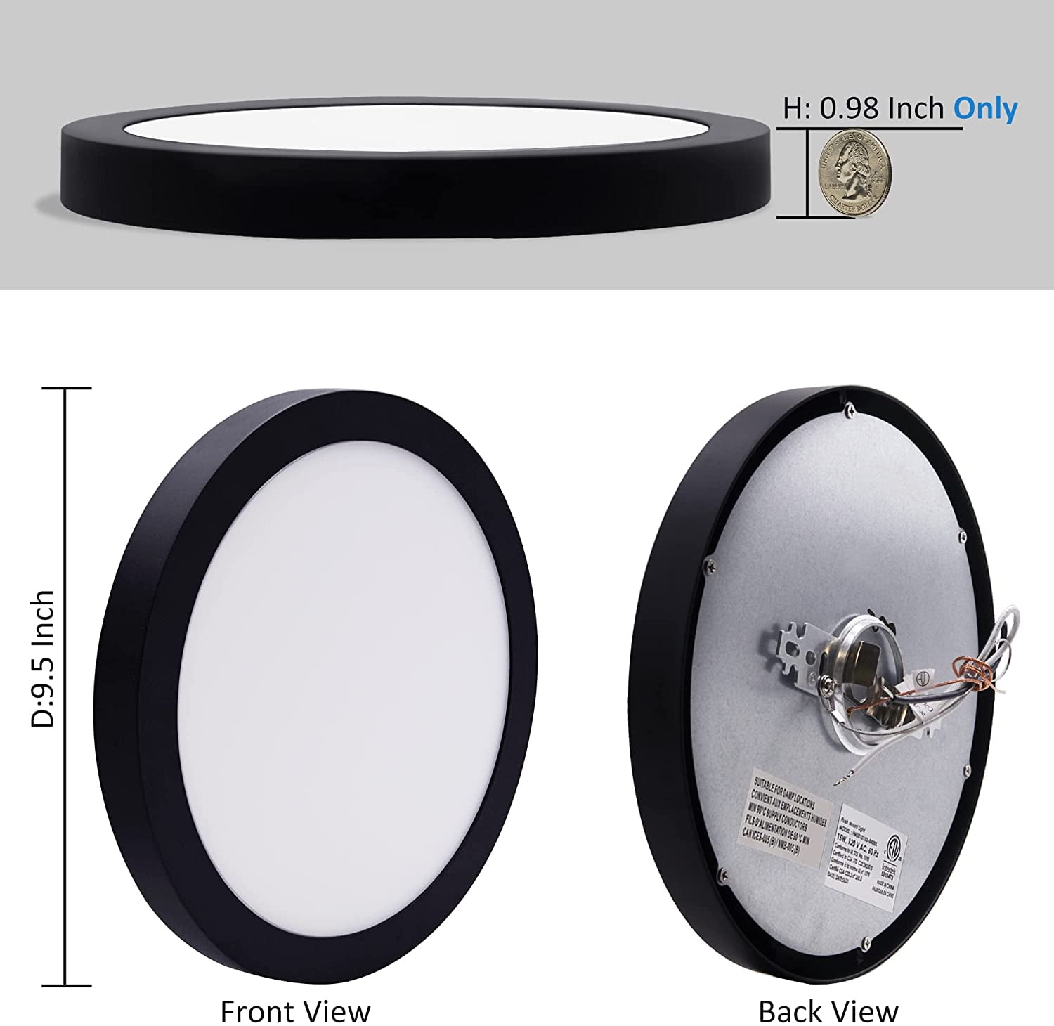 MingBright LED Flush Mount Ceiling Light Fixture 9.5inch Ceiling Light, Super Slim Panel Light 120V 15W 4000K White Round Ceiling Light for Bathroom, Kitchen, Bedroom Hallway Damp Location Black Color