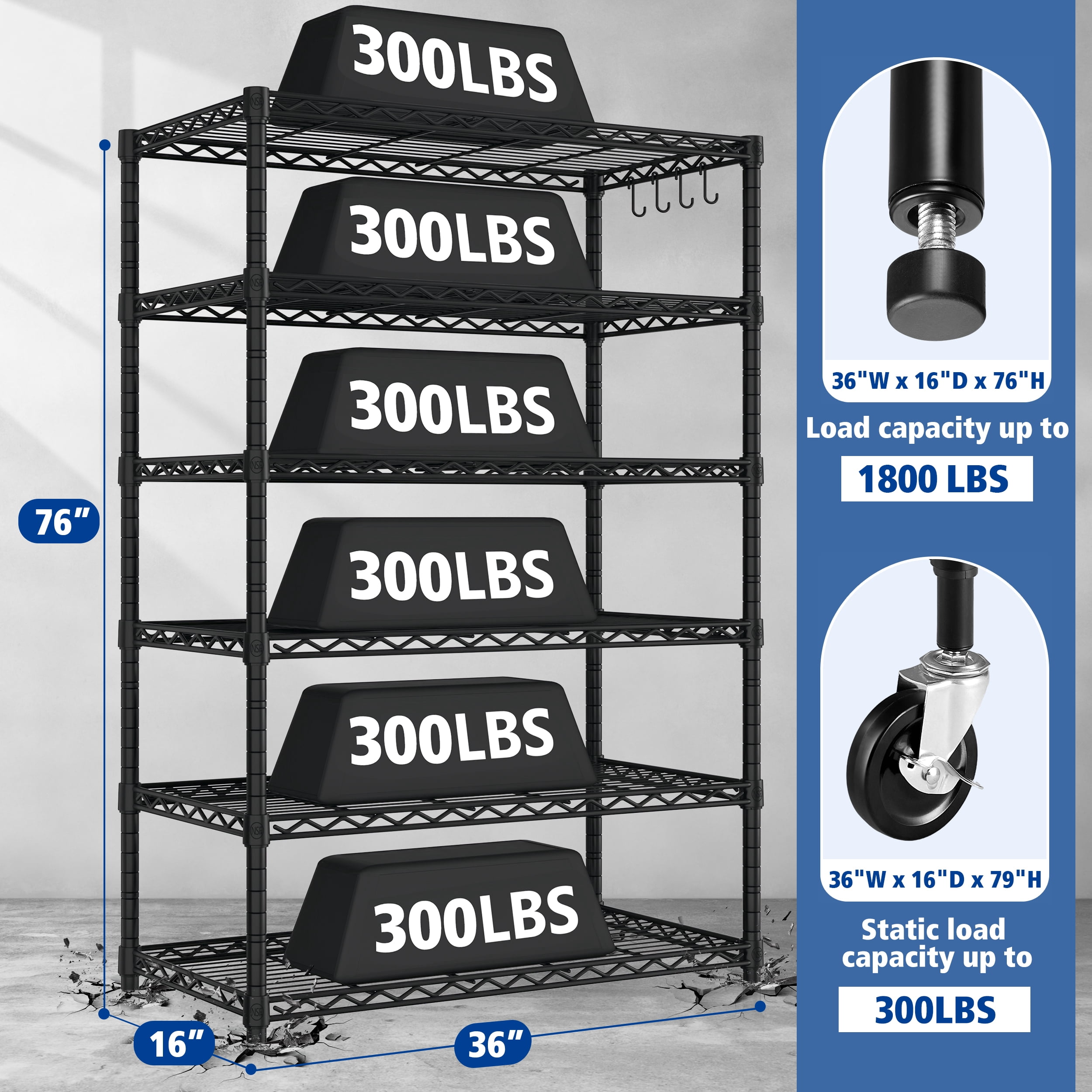 Prilinex 6-Tier Wire Shelf 36"W x 16"D x 76"H Metal Storage Shelves with Wheels, Wire Rack, Heavy-Duty Garage Shelving Unit for Pantry, Kitchen, Black