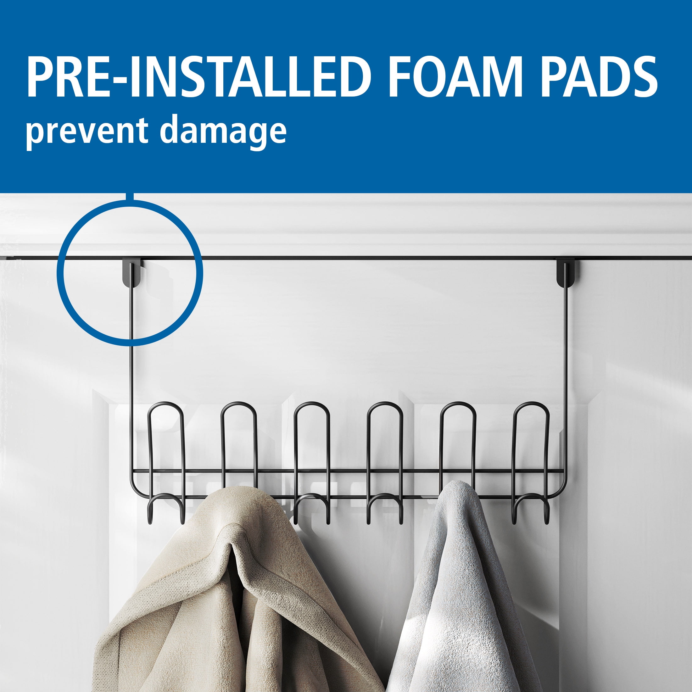 Mainstays Over-the-Door 6-Hook Rack, Hanging Storage for Towels, Robes, No Drilling, Matte Black