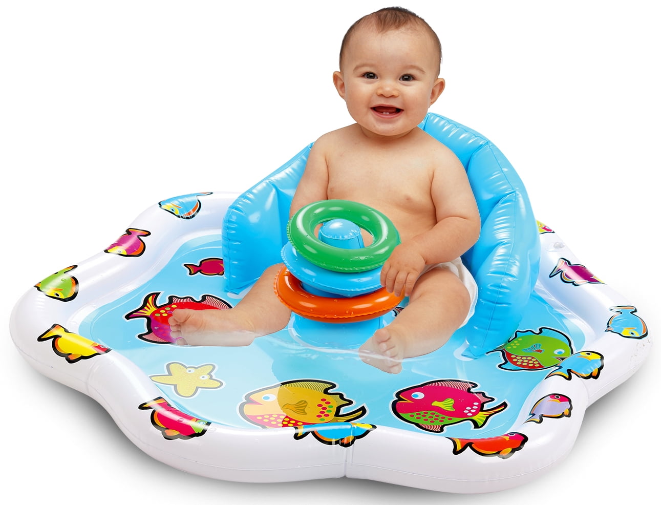 Bundaloo Infant Pool Splash Mat Inflatable with Backrest & Stackable Ring Toys Summer Fun