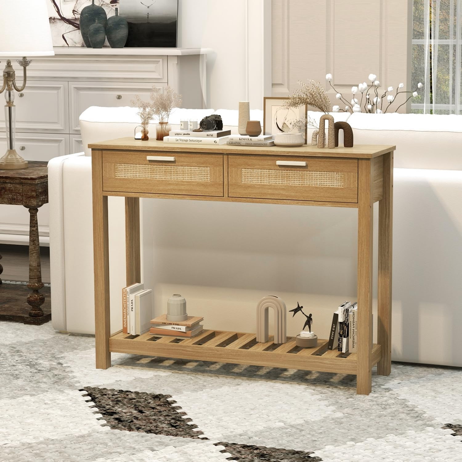 AODAILIHB Wooden Console Sofa Table，Rattan Entryway Table with 2 Drawers and Storage Open Bookshelf