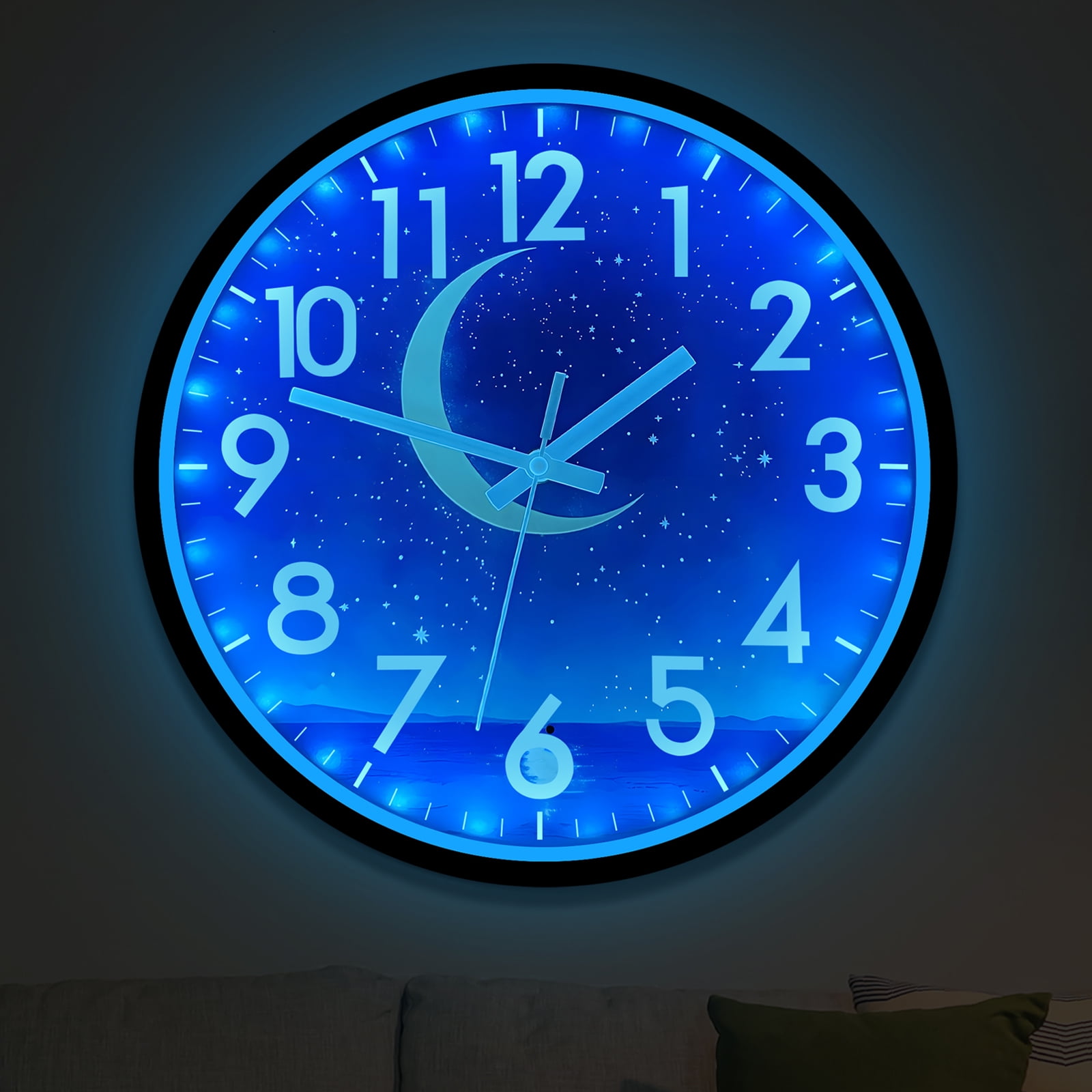 JoFomp Luminous Wall Clock, 12 inch LED Night Light Silent Clock, Glow in The Dark Moon and Starry Sky, Lighted Clock with Smart Sensor(Blue Light)