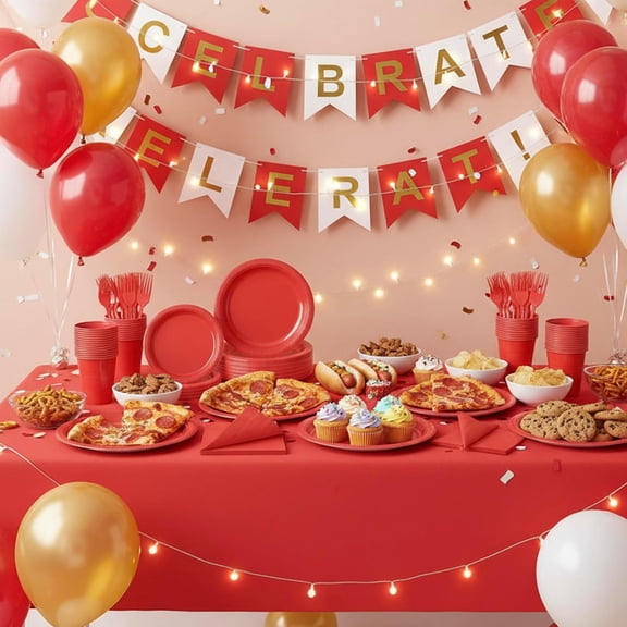 Red Plastic Dinnerware Set for Party, 100 Guests, 9" Plates & 7" Dessert Plates, Cups, Napkins, Forks, Tablecloths