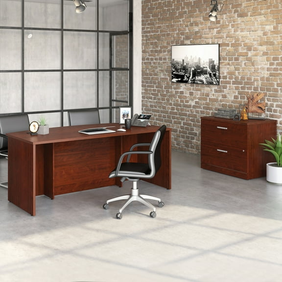 Sauder Affirm 72" Bow Front Desk and Lateral File Cabinet in Classic Cherry