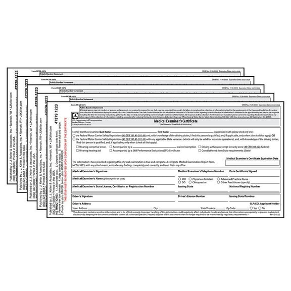DOT FMCSA Medical Examiner Certificate 5-pk. - Laminated, 2-Ply, Trifold, 3.5" x 7.125"- Commercial Driver Medical Certification to Comply w/ 49 CFR 391.43 DOT Medical Card Requirements- J. J. Keller