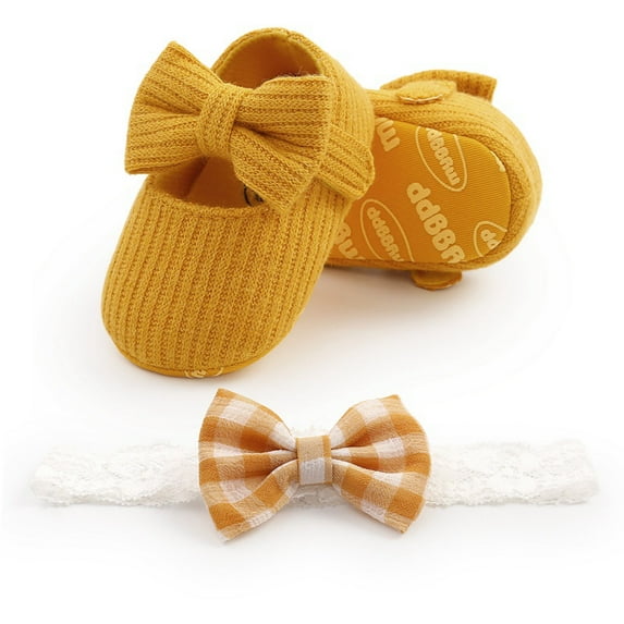 2pcs/Set Newborn Baby Girl Princess Mary Jane Shoes Toddler Infant Wedding Dress Flat Shoes with Free Headband