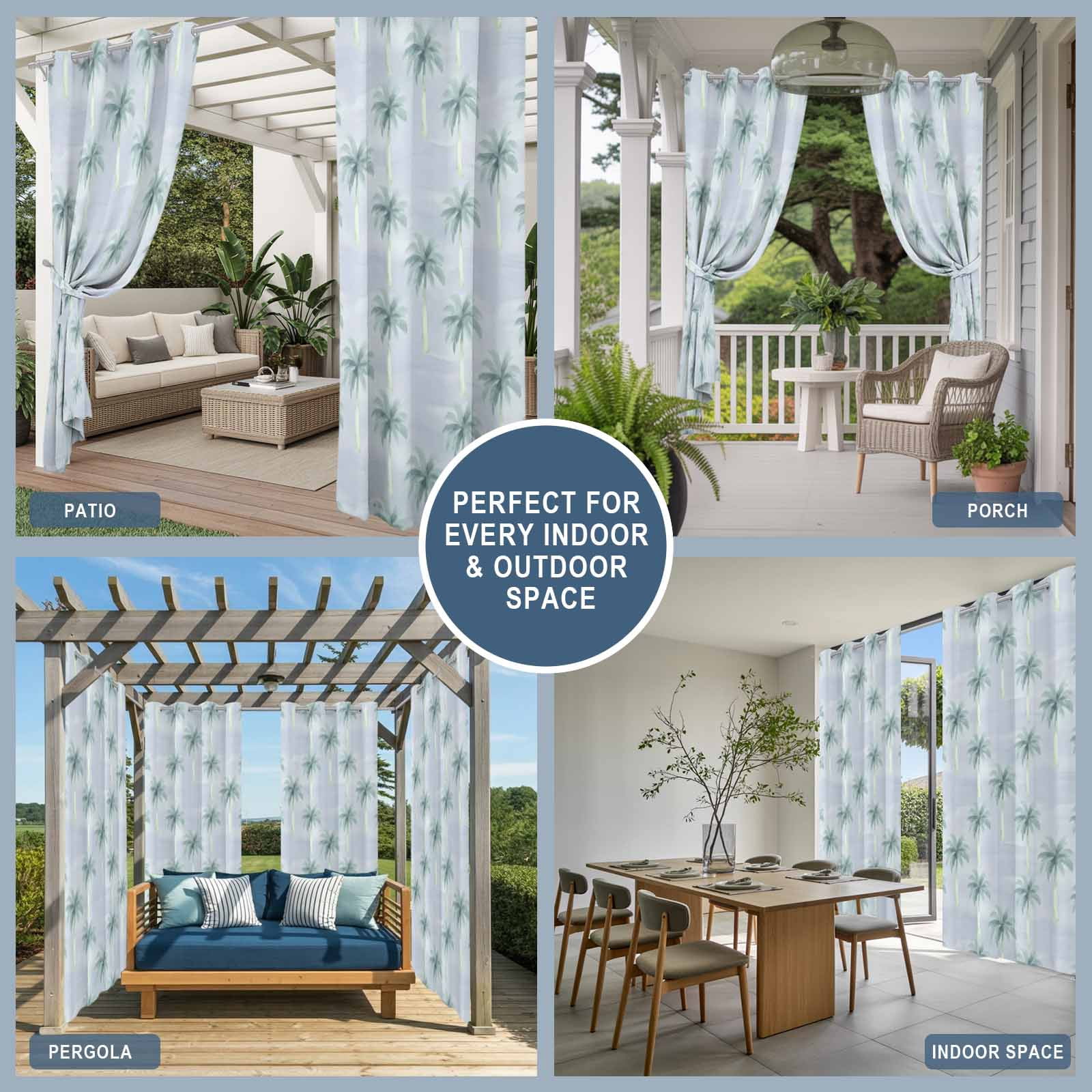 Palm Trees Outdoor Curtains for Patio, Summer Watercolor Tropical Tree Grey Blue Sunshade Privacy Drapes Grommet Waterproof Outside Curtains for Porch/Cabana/Balcony 54"x 108", 1 Panel