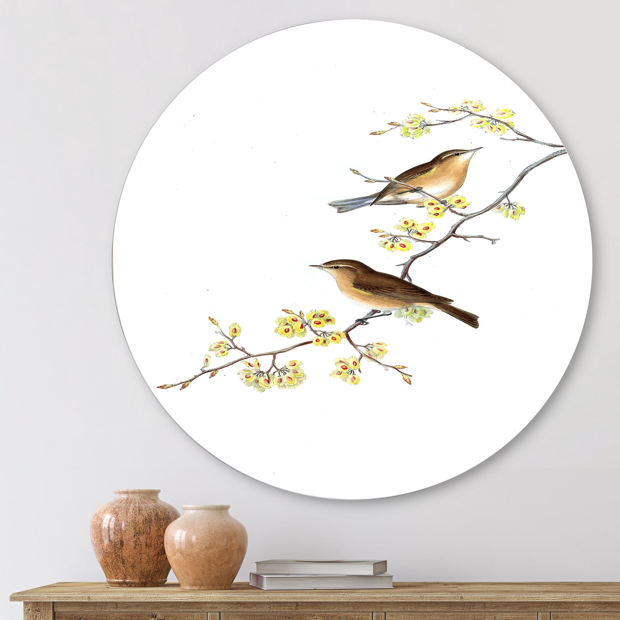 Designart 'Little Birds Sitting On The Tree Branches II' Traditional Circle Metal Wall Art 11x11 - Disc of 11