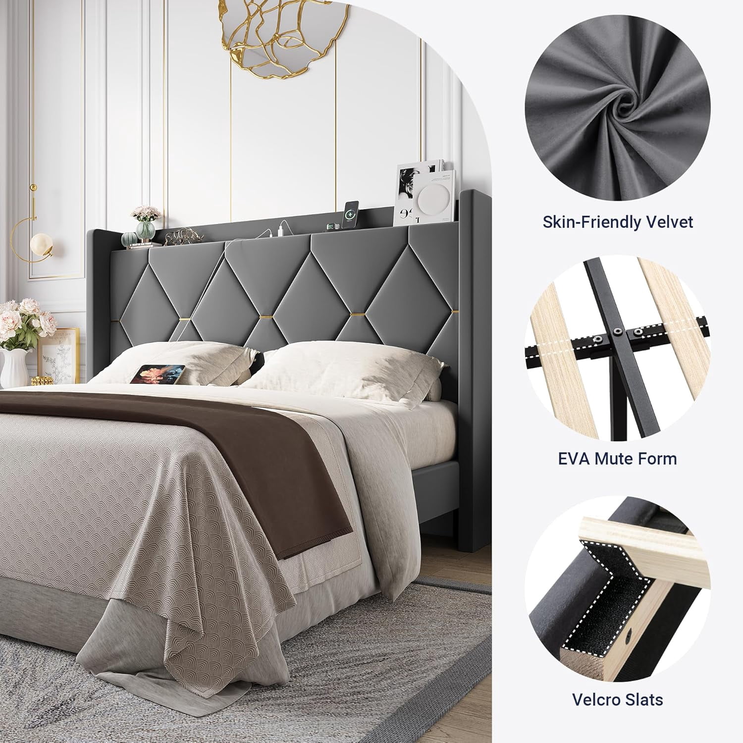 Allewie Velvet Queen Size Upholstered Bed Frame with Wingback Storage Headboard & Charging Station, Platform Bed with Diamond Tufted Design & Gold Trim, No Box Spring Needed, Easy Assembly, Grey