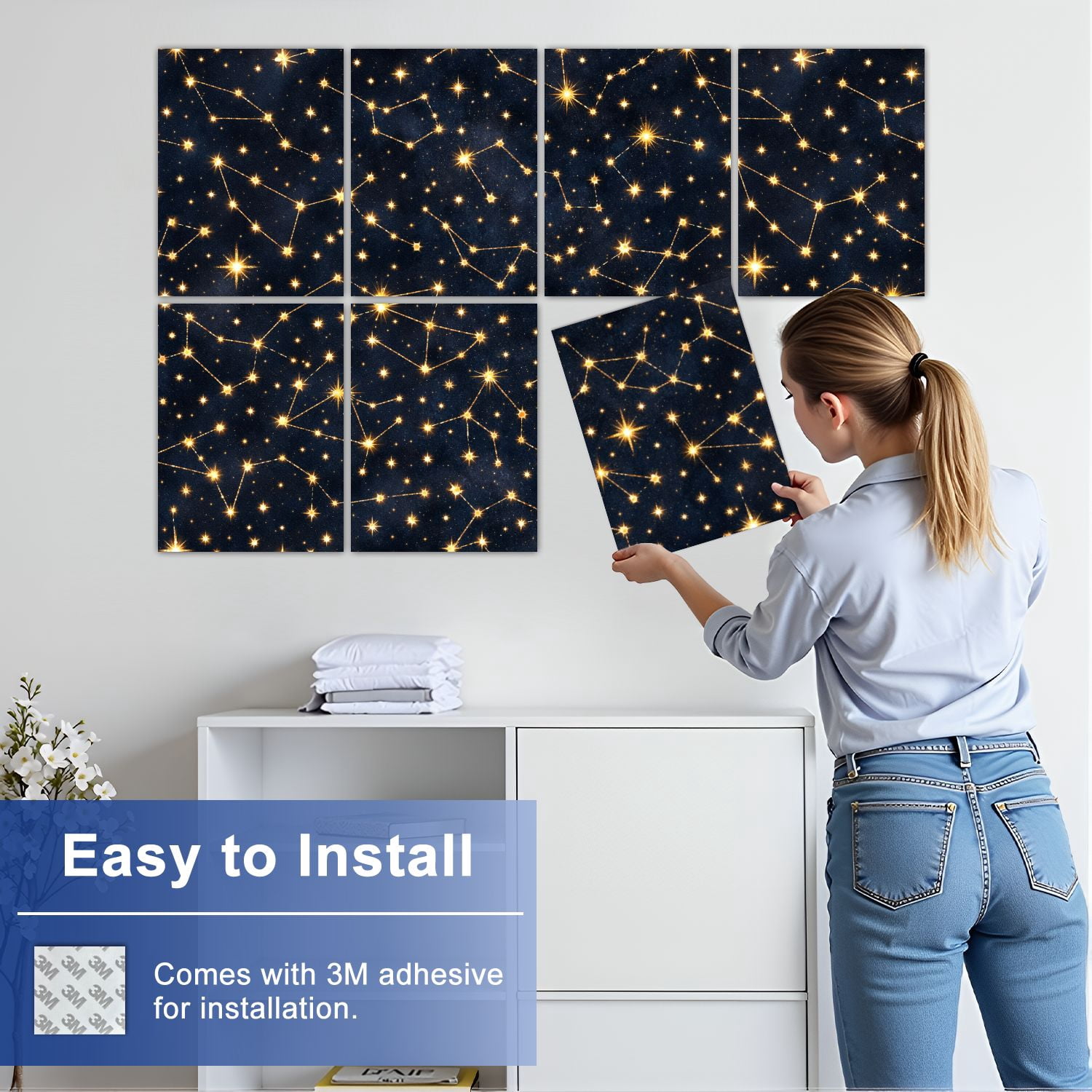 8 Pack Art Acoustic Panels Constellation Golden Stars Dark Night Sky Seamless Cosmic Design Self Adhesive Absorbing Dampening Panels Self Adhesive for Nursery Game Room Bedroom 48"x32"