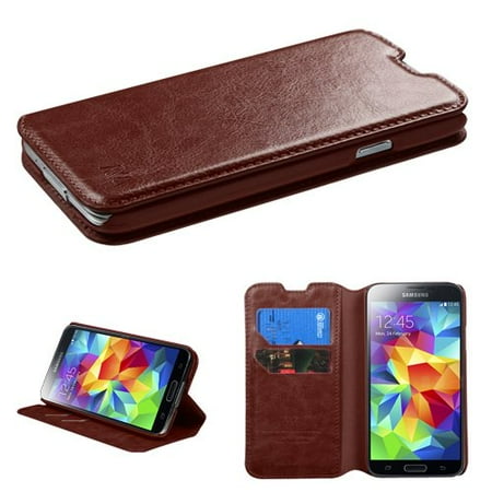 Galaxy S5 Flip Wallet Case Samsung Galaxy S5 Case - Wydan Wallet Case Folio Flip Leather Kickstand Feature Credit Card Slot Style Cover Brown ()