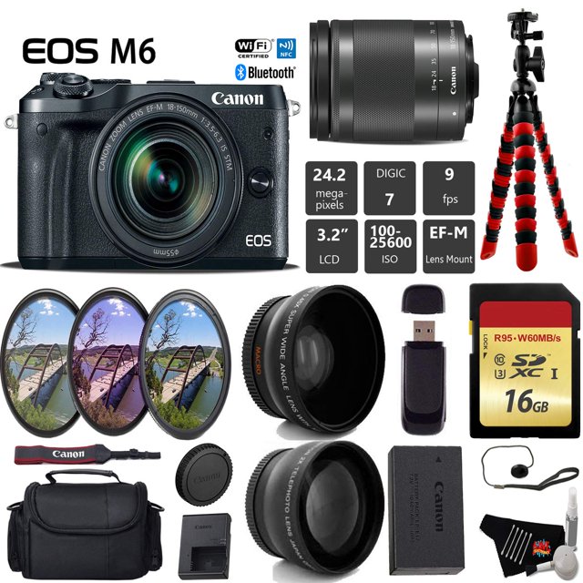 Canon EOS M6 Mirrorless Digital Camera with 18-150mm is STM Lens + UV FLD CPL Filter Kit + Wide Angle & Telephoto Lens + Camera Case + Tripod + Card Reader - Intl Model Canon 16GB - Advanced Kit - 1724C021-1