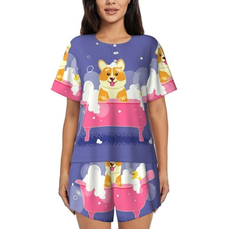 Cauagu Dog Washes in a Pink Bath for Women s Round Neck Pajama Set Short-Sleeved Pajamas Soft Sleepwear Set Summer Pajamas Set Lounge Sets 2-Piece Pj-XX-Large