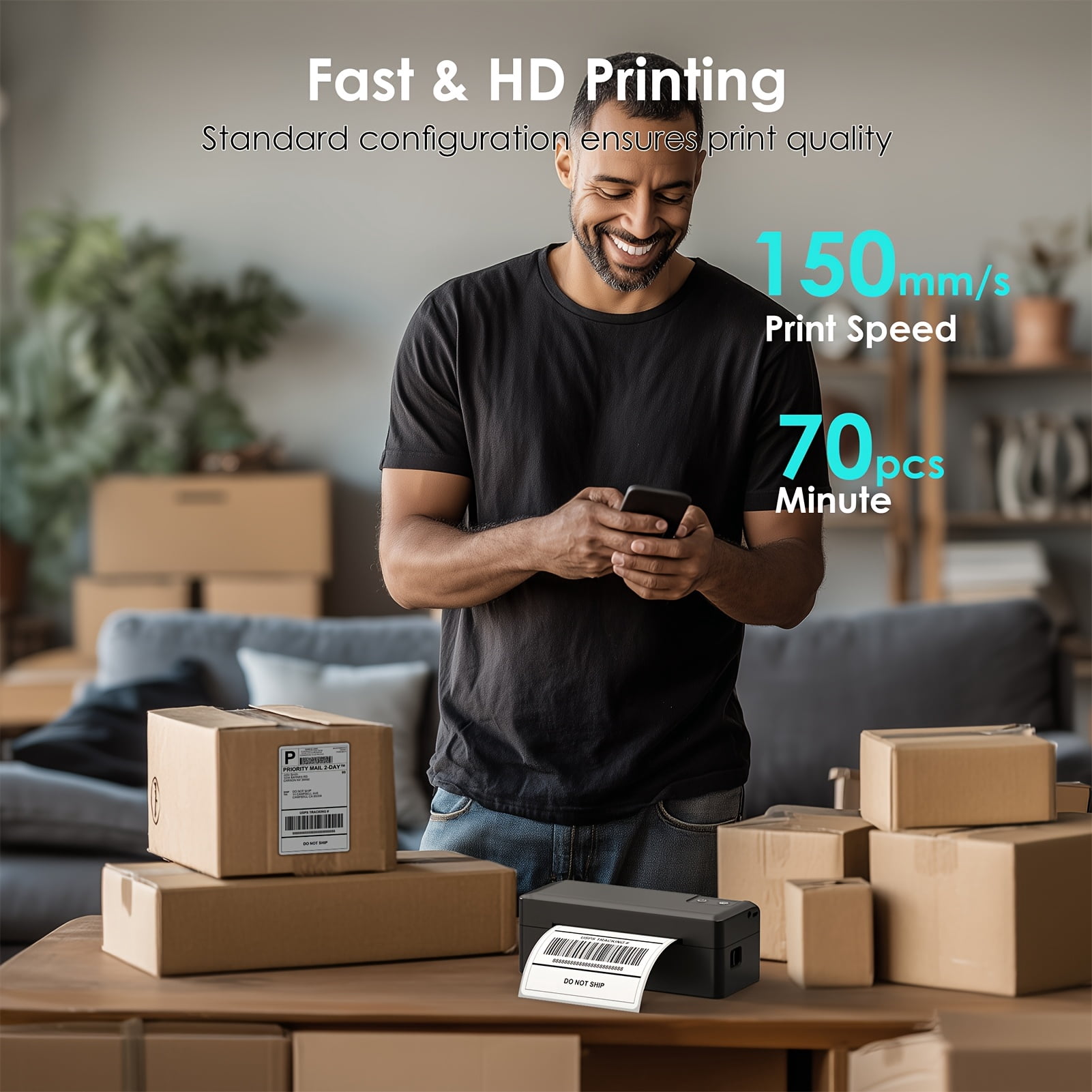 Wireless Thermal Label Printer: 4x6, Compact Desktop, Black, Effortless Use with iPhone Android Windows – for Shipping & Mailing, Ideal for Small Business & Home Office - FANRUINA