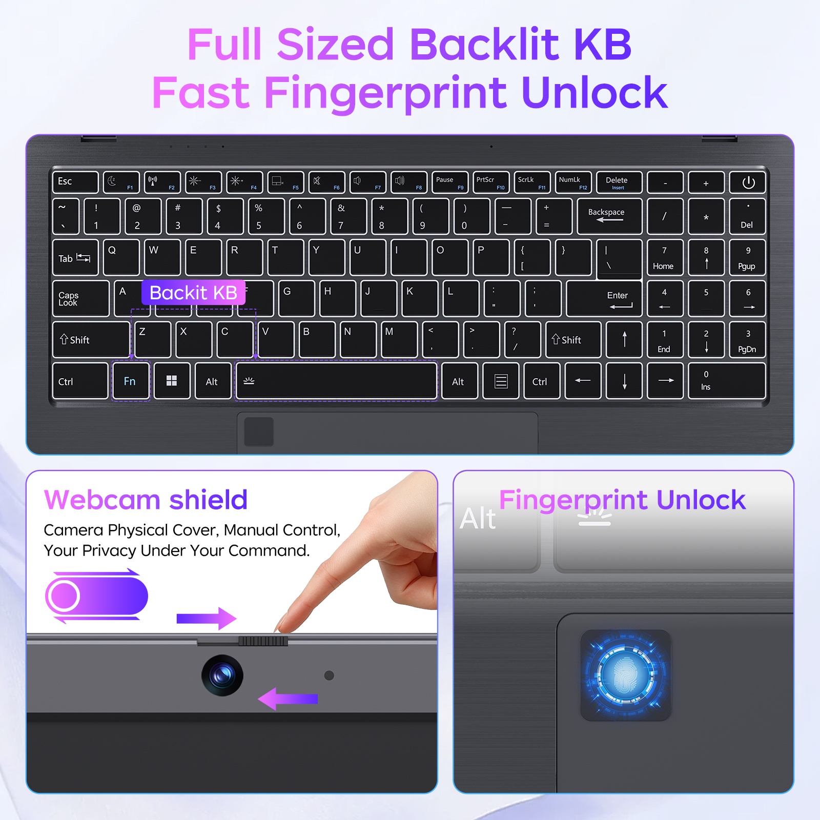 RNRUO 15.6" Laptop Computer, 12GB DDR5 256G SSD, Intel N95 4 Core up to 3.6GHz, Office 2024 Fingerprint Backlit KB WiFi 6 BT5.3, 1080 FHD Display for Student, Business, Home Office