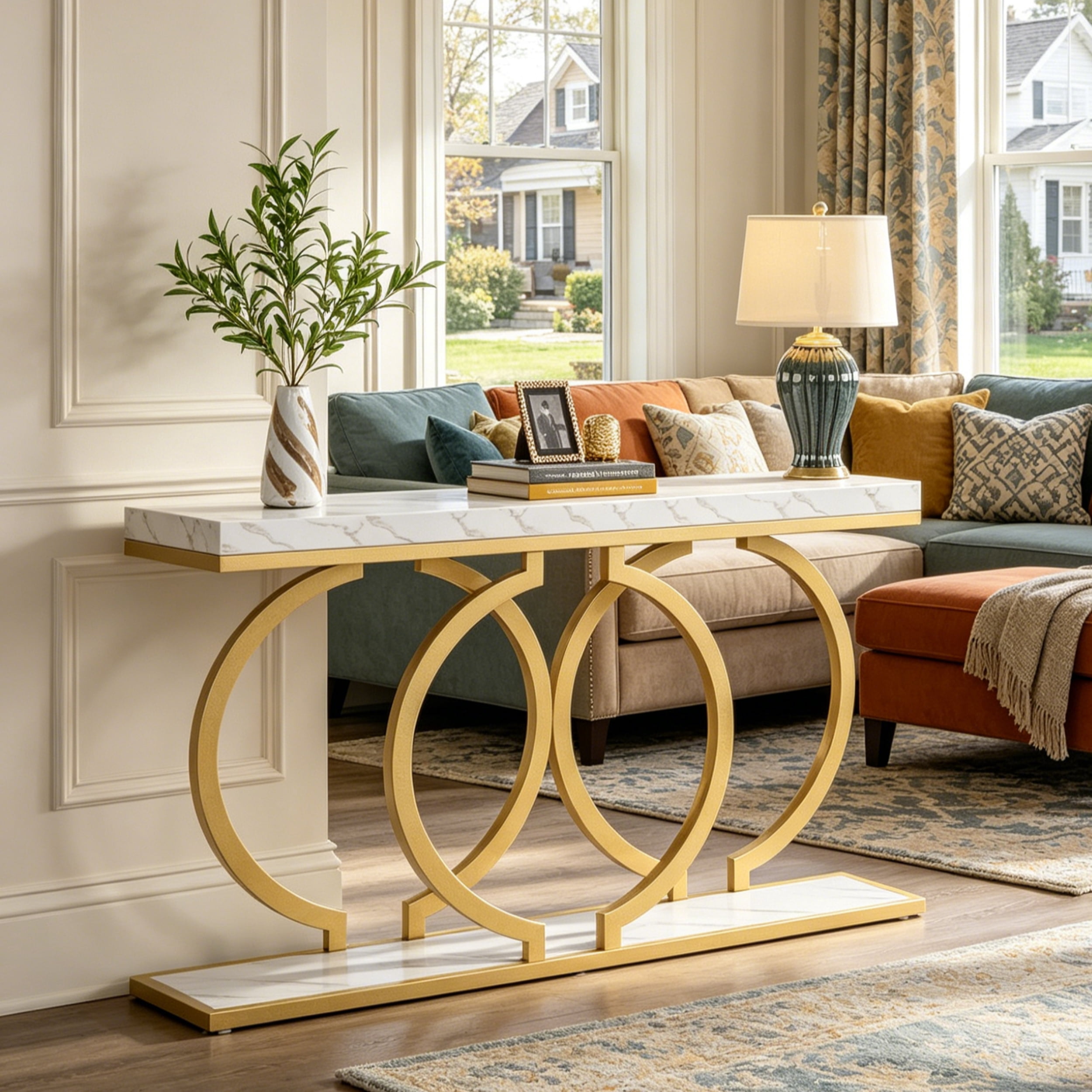 Fnova 55" Console Table, Modern Entryway Table with Geometric Metal Frame, Faux Marble Narrow Long Sofa Table for Living Room, Entrance, Hallway