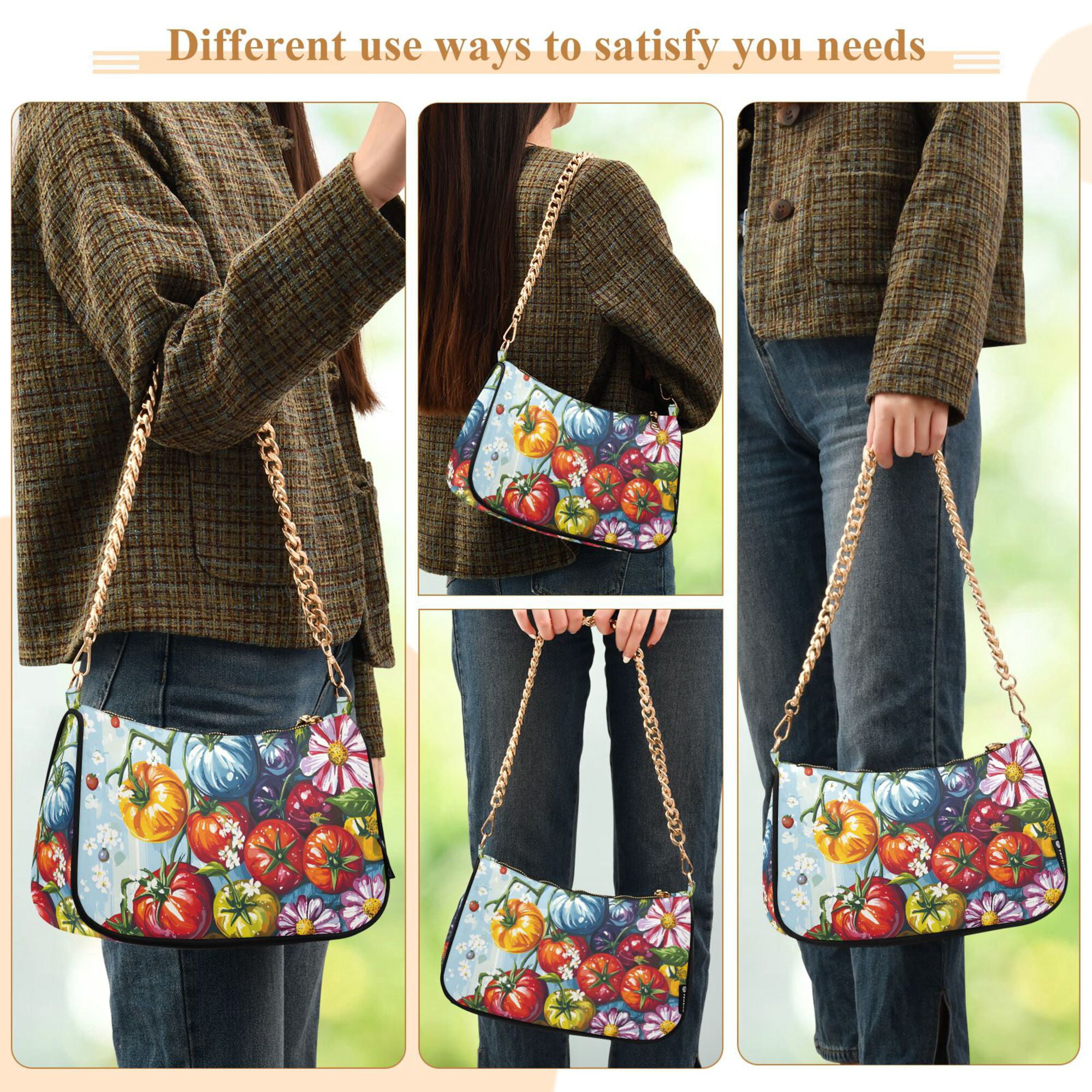 FORMRS Womens Shoulder Bag with Chain Strap Clutch Purse Cute Tote Handbag, Blue Floral Tomatoes