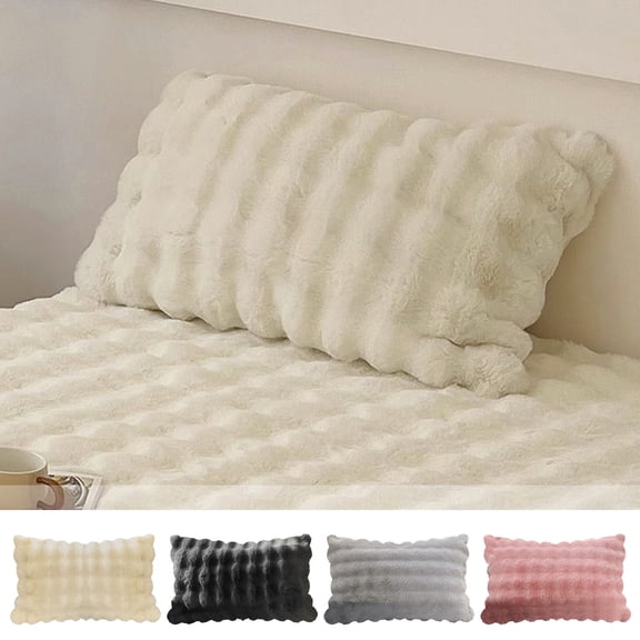 Fluffy Faux Rabbit Fur Pillow Cases, Furry Fuzzy Long Pillow Shams, Luxury Soft Plush Shaggy Bubble Waffle Pillowcases King Size Zipper Closure for Bedroom Living Room 29.13"x18.89"