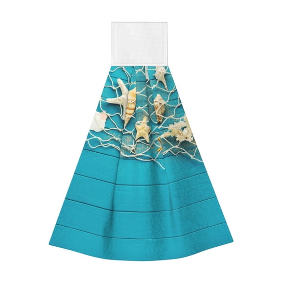 Wukai Seashells And Fishing Net On Blue Wooden Table Print Kitchen Towels Quick Dry Washcloths, Coral Velvet Dishtowels Multipurpose Reusable Cloths, Soft Tea Absorbent Cleaning Cloths