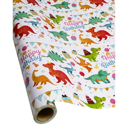 RayofSun Gift PresNok Paper Roll,Cute Dinosaurs Happy Birthday Paper for Boys,Paper Rolls Gift Wrap Paper Dinosaur Parties,Baby Showers,Happy Bday Wrap,17 inch X 120 inch Per Roll
