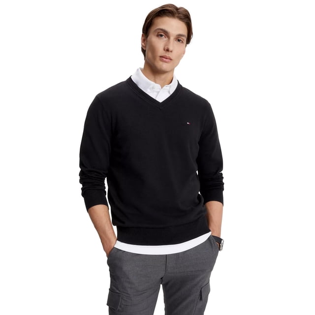 Jersey Tommy Hilfiger con cuello en V para hombre, colección 2024, negro, XXL