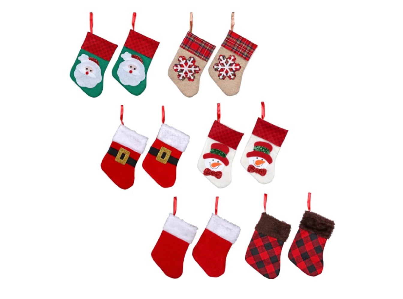 Set of 6 Pairs Mini Christmas Stockings Assorted 12 Count Pack 