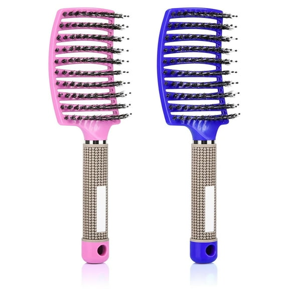 Wet Hair Brush Detangling Brush for Wet & Dry, 2 Pack (Pink Blue), Vented, Curved, Boar Bristles, for Women Kids, All Hair Types, Massage Scalp, Prevents Damage, Promotes Blood Circulation