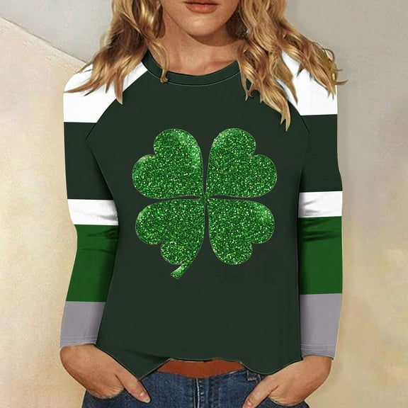 Cavosen Saint Patrick Day Womens Tops Casual Long Sleeve Holiday Shamrock Green Print Tshirts Pullover Round Neck Festival Shirts Irish Vacation Fashion Tops Loose Tees M