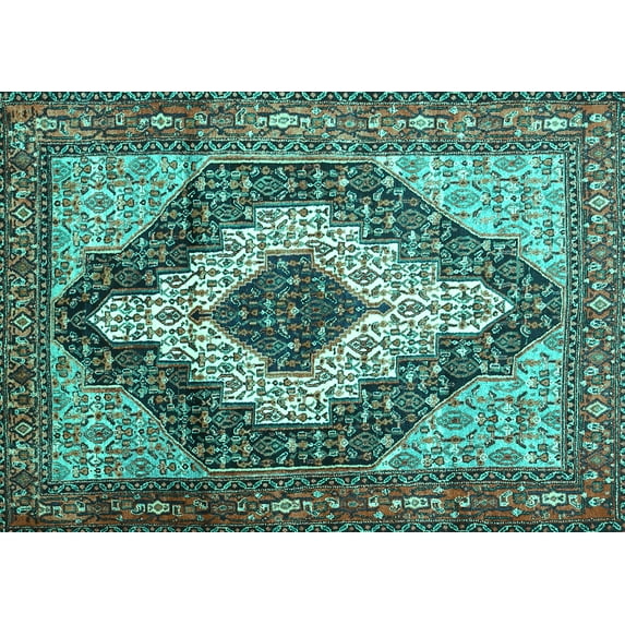 Ahgly Company Machine Washable Indoor Rectangle Medallion Turquoise Blue Traditional Area Rugs, 3' x 5'