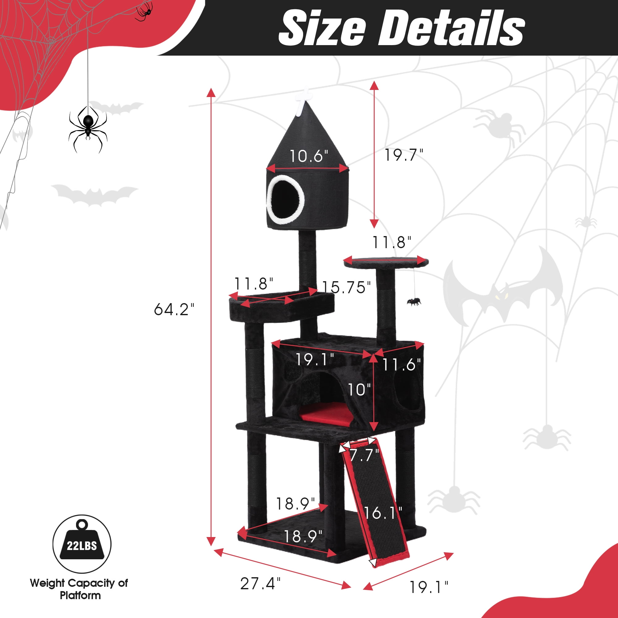 Kadyn 64" Gothic Cat Tree with Coffin Bed for Indoor Cats, Cat Tower with Scratching Ramp, Modern Cat Tree House with Condo, Black