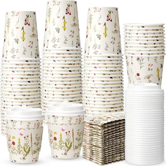 48 Sets 8oz Floral Disposable Coffee Cups with Lids and Sleeves Wildflower Paper Hot Coffee Cups for Spring Party Wedding Reception Baby Shower Bride's Birthday Party (Wildflower)