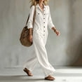 thumbnail image 5 of WULMLEO Womens Wide Leg Overall Cotton Linen Workout Long Sleeve V Neck Button Front One Piece Rompers Casual Dressy Comfy Plus Size Jumpsuits with Multi Pockets White XL, 5 of 7