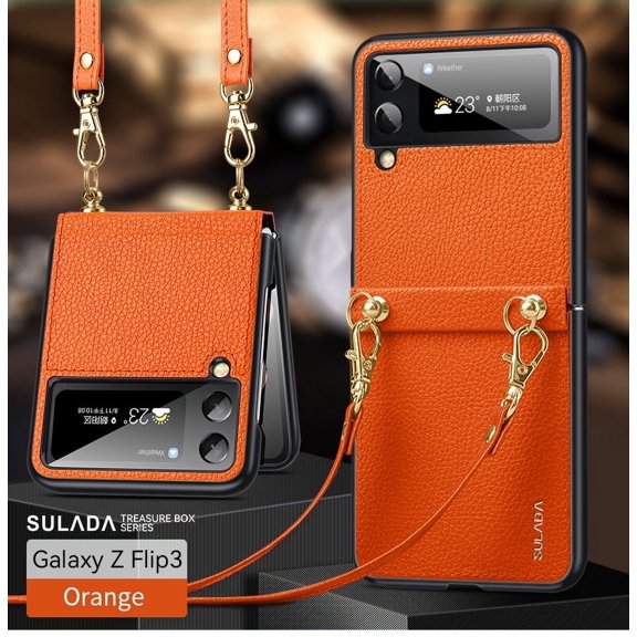 Leather Case Compatible with Samsung Galaxy Z Flip 3 with Shoulder Strap Lanyard Shockproof Case for Women Girls-Orange
