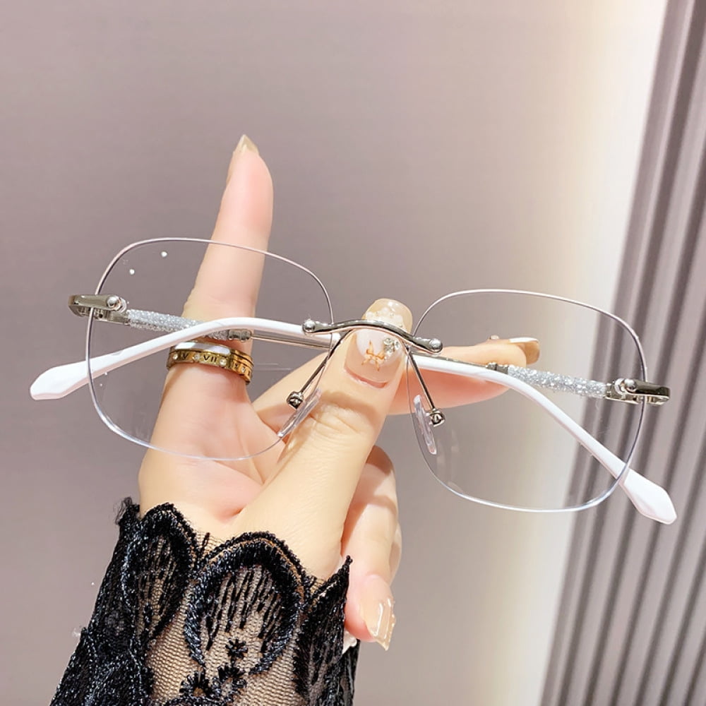 2 Pairs of Ultra Light Rimless Bling Photochromic Gray Square Frameless Reading Glasses 1.25 for Women Blue Light Blocking Readers +1.25 UV