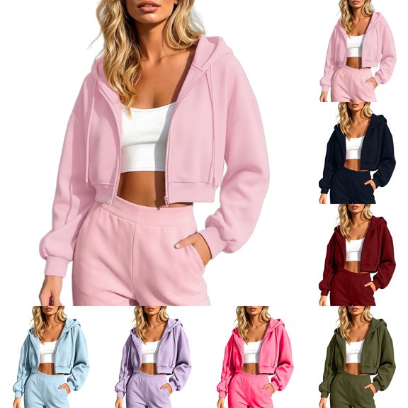 KHONTS Zip up Crop Hoodie for Women Cropped Casual Hooded Sweatshirts Workout Long Sleeve Drawstring Jacket Tops XL