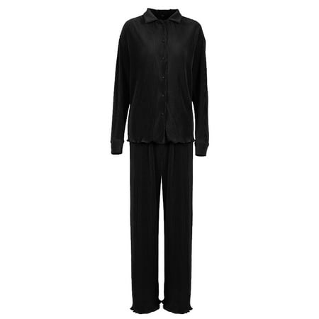 PFWOWB Black Two Piece Vacation Outfits for Women Ladies Spring and Summer Solid Color Hanging Loose Silky Pleated Casual Two Piece Set