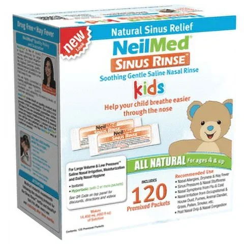 NeilMed Sinus Rinse® Kit – Pediatric Nasal Irrigator with 120 Premixed Saline Packets for Congestion & Allergy Relief