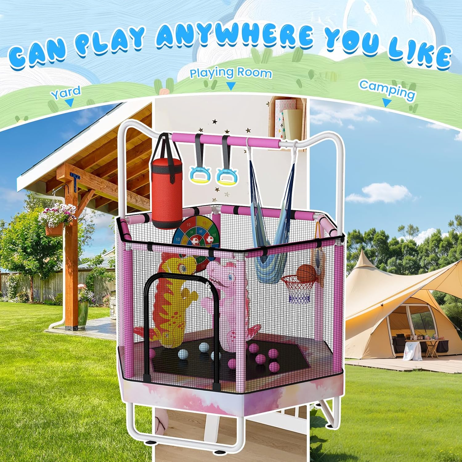 Baxluxe Toddler Trampoline for Kids Ages 3-8, 55in 7-in-1 Upgraded Indoor Trampoline with Net ,500lbs Capacity Safe Trampoline,Inside Pink Mini Trampoline Boys Girls Outdoor Adjustable Height