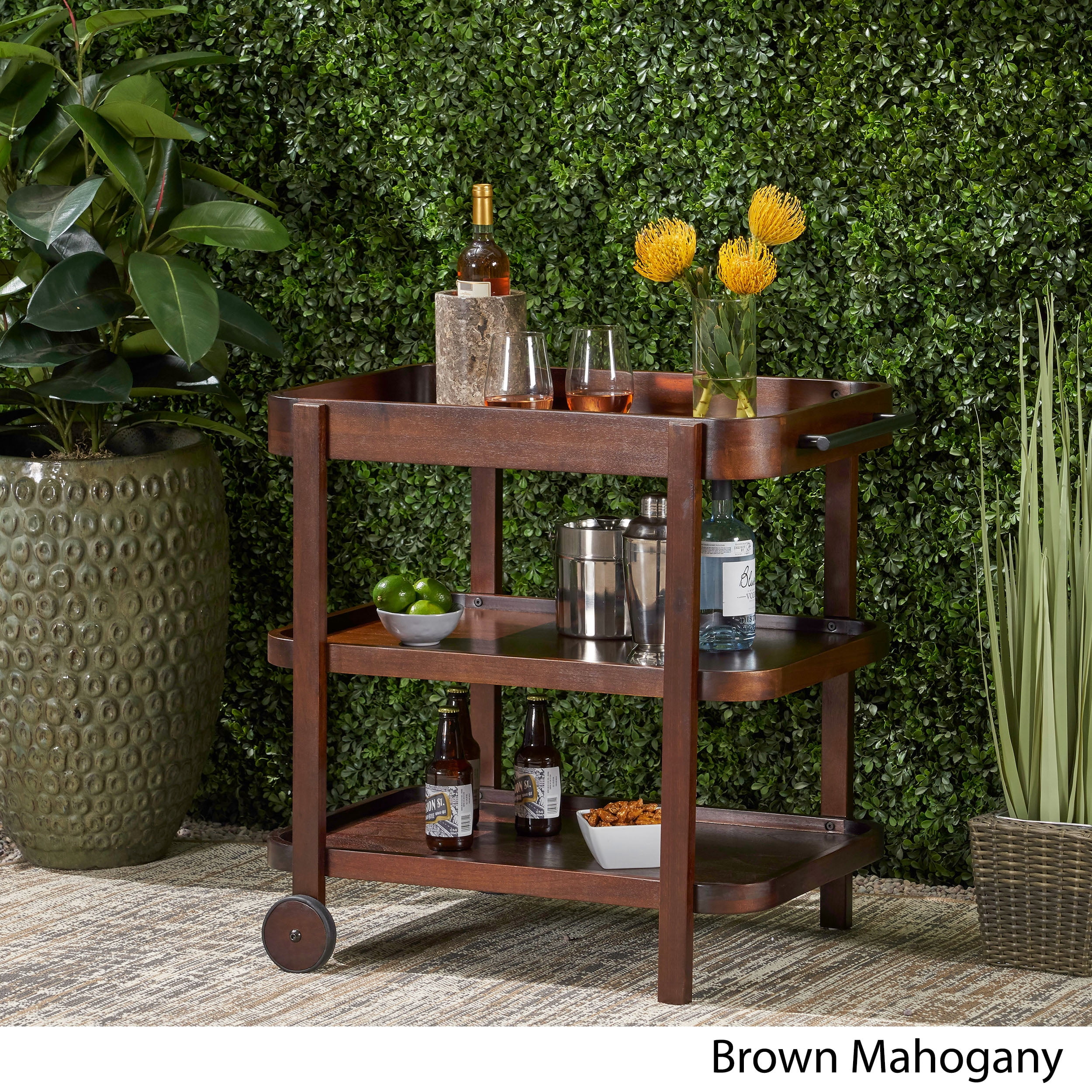 Audrielle Valley Outdoor Traditional Acacia Wood Bar Cart with 3 Shelves, Brown Mahogany