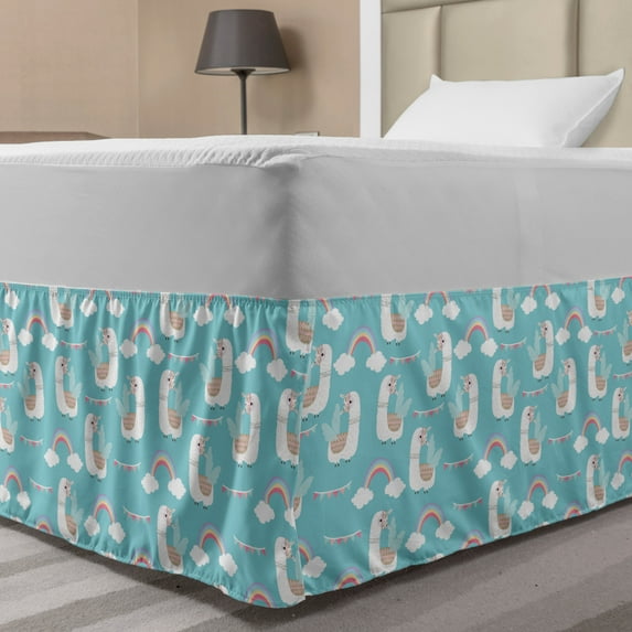 Llama Bed Skirt, Repetitive Pattern of Animals with Wings and Heart Eyeglasses Rainbow Dreamy, Elastic Bedskirt Dust Ruffle Wrap Around for Bedding Decor, 4 Sizes, Seafoam Multicolor, by Ambesonne
