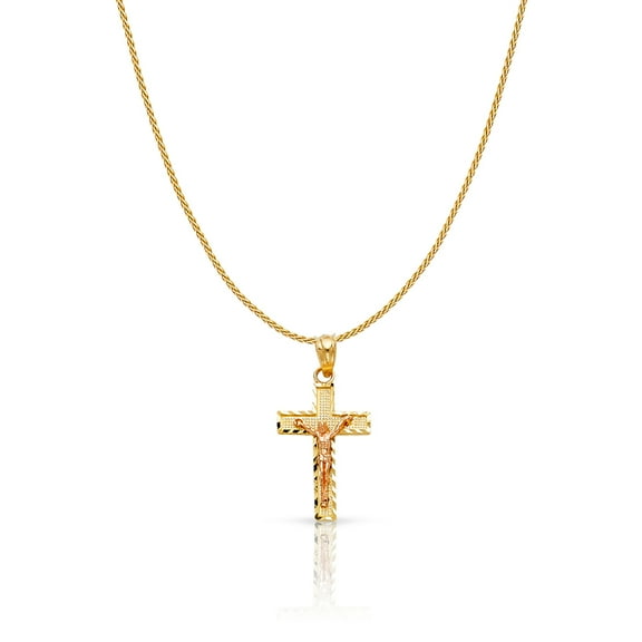 14K Two Tone Solid Gold Jesus Crucifix Cross Charm Pendant with 0.9mm Wheat Chain Necklace - 16"