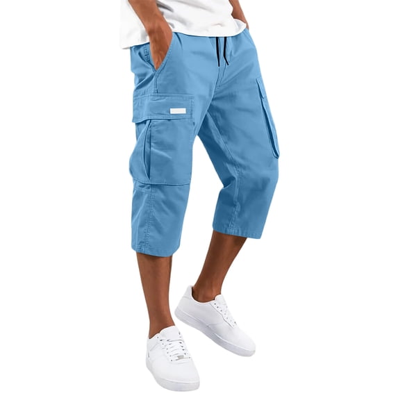 Domuza Men's Cargo Shorts Casual Drawstring Elastic Waist 3/4 Capri Pants Below Knee Long Hiking Shorts with Pockets Sky Blue XL