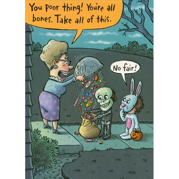 Designer Greetings Woman Giving Candy to Kid in Skeleton Costume Funny : Humorous Halloween Card
