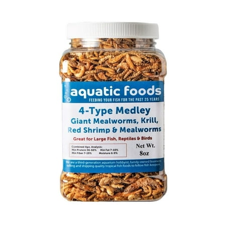4-Type Medley Mix of Freeze Dried Superworms, Krill, Red Shrimp, Mealworms for Reptiles, Turtles, Tortoises, Frogs, Hamsters, Birds, Rodents…8oz Med Jar