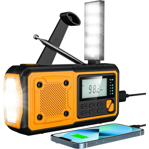 Portable Solar Crank Radio Portable Emergency Radio Rechargeable Power 4000 mAh Hand Crank FM/AM/WB Radio Weather Alert Built-in SOS Alarm