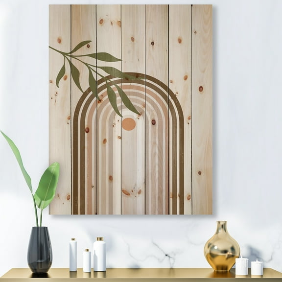 Designart 'Abstract Moon and Sun With Green Leaf I' Modern Print on Natural Pine Wood